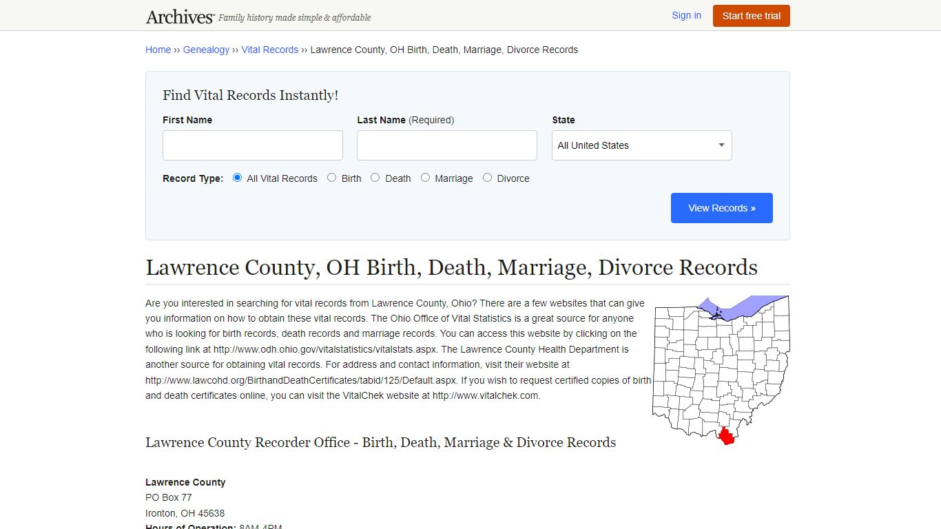 Lawrence County, OH Birth, Death, Marriage, Divorce Records - Archives.com