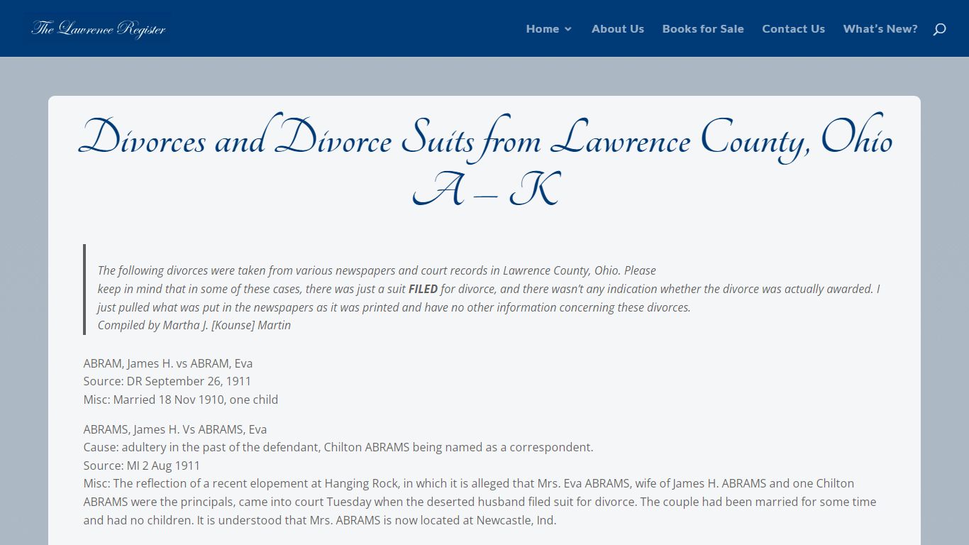 Divorces and Divorce Suits from Lawrence County, Ohio A – K