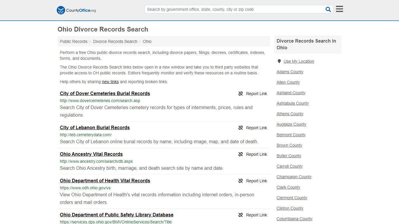 Ohio Divorce Records Search - County Office